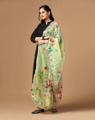 Green Colour Stylish Floral Printed Ceremonial Organza Dupatta With Glam Mirror Work 2