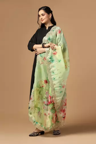 Green Colour Stylish Floral Printed Ceremonial Organza Dupatta With Glam Mirror Work
