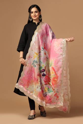 Pink Colour Stylish Floral Printed Ceremonial Organza Dupatta With Glam Mirror Work