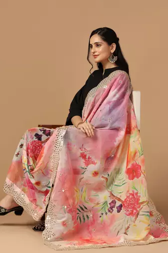 Pink Colour Stylish Floral Printed Ceremonial Organza Dupatta With Glam Mirror Work