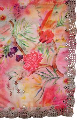 Pink Colour Stylish Floral Printed Ceremonial Organza Dupatta With Glam Mirror Work 3