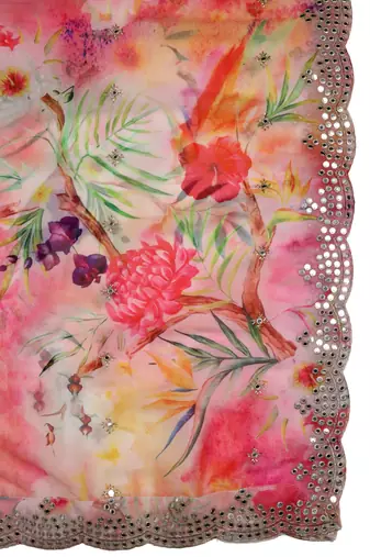 Pink Colour Stylish Floral Printed Ceremonial Organza Dupatta With Glam Mirror Work