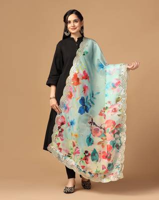 Aqua Colour Stylish Floral Printed Ceremonial Organza Dupatta With Glam Mirror Work 1