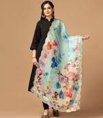 Aqua Colour Stylish Floral Printed Ceremonial Organza Dupatta With Glam Mirror Work