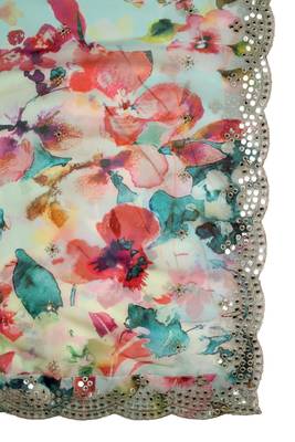 Aqua Colour Stylish Floral Printed Ceremonial Organza Dupatta With Glam Mirror Work 3