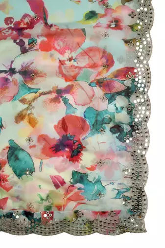 Aqua Colour Stylish Floral Printed Ceremonial Organza Dupatta With Glam Mirror Work