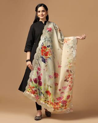 Chiku Colour Stylish Floral Printed Ceremonial Organza Dupatta With Glam Mirror Work 1