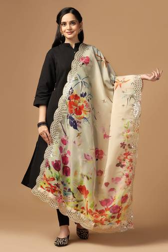 Chiku Colour Stylish Floral Printed Ceremonial Organza Dupatta With Glam Mirror Work