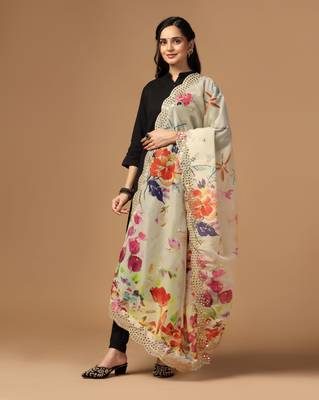Chiku Colour Stylish Floral Printed Ceremonial Organza Dupatta With Glam Mirror Work 2
