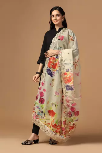 Chiku Colour Stylish Floral Printed Ceremonial Organza Dupatta With Glam Mirror Work