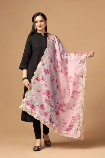 Pink Colour Stylish Floral Printed Ceremonial Organza Dupatta With Glam Mirror Work