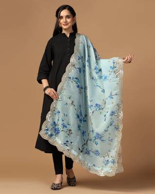 Skty Blue Colour Stylish Floral Printed Ceremonial Organza Dupatta With Glam Mirror Work 1