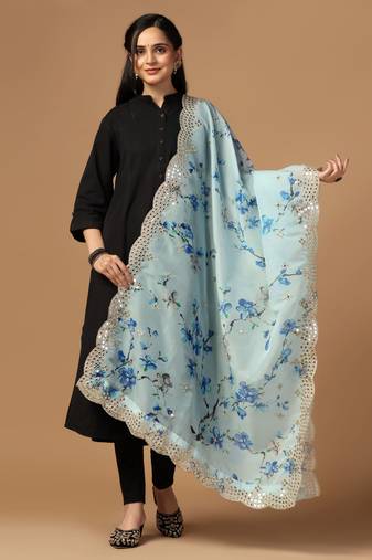 Skty Blue Colour Stylish Floral Printed Ceremonial Organza Dupatta With Glam Mirror Work