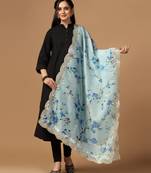 Skty Blue Colour Stylish Floral Printed Ceremonial Organza Dupatta With Glam Mirror Work