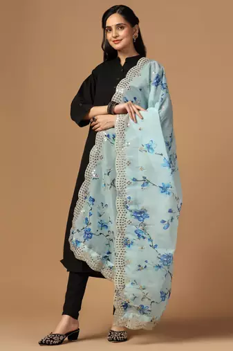 Skty Blue Colour Stylish Floral Printed Ceremonial Organza Dupatta With Glam Mirror Work
