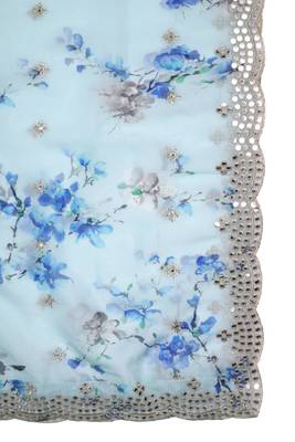 Skty Blue Colour Stylish Floral Printed Ceremonial Organza Dupatta With Glam Mirror Work 3