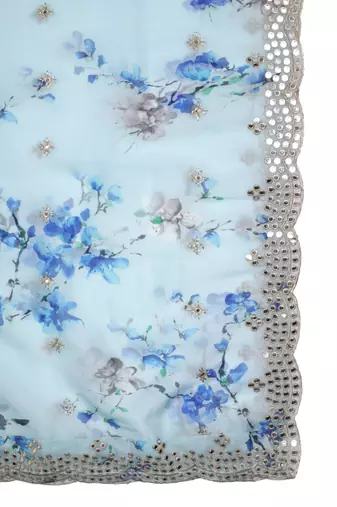 Skty Blue Colour Stylish Floral Printed Ceremonial Organza Dupatta With Glam Mirror Work