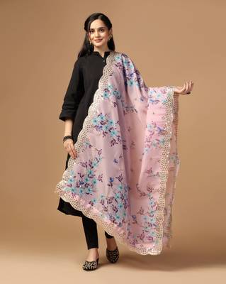 Violet Colour Stylish Floral Printed Ceremonial Organza Dupatta With Glam Mirror Work 1