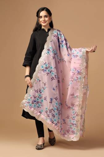 Violet Colour Stylish Floral Printed Ceremonial Organza Dupatta With Glam Mirror Work
