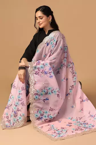Violet Colour Stylish Floral Printed Ceremonial Organza Dupatta With Glam Mirror Work