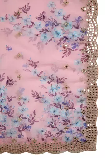 Violet Colour Stylish Floral Printed Ceremonial Organza Dupatta With Glam Mirror Work