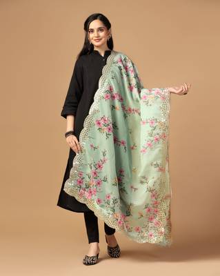Green Colour Stylish Floral Printed Ceremonial Organza Dupatta With Glam Mirror Work 1