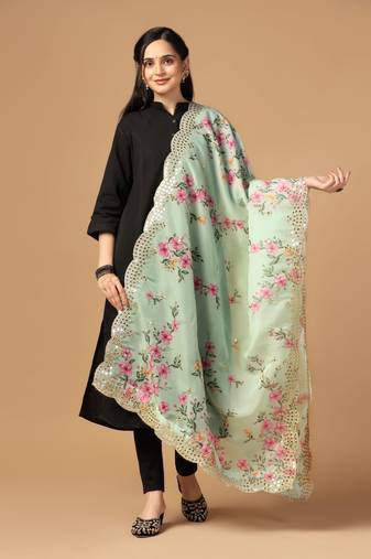 Green Colour Stylish Floral Printed Ceremonial Organza Dupatta With Glam Mirror Work