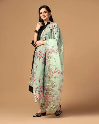 Green Colour Stylish Floral Printed Ceremonial Organza Dupatta With Glam Mirror Work 2