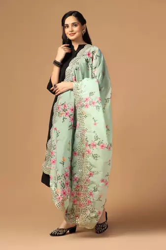 Green Colour Stylish Floral Printed Ceremonial Organza Dupatta With Glam Mirror Work