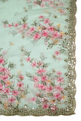 Green Colour Stylish Floral Printed Ceremonial Organza Dupatta With Glam Mirror Work 3