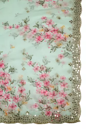 Green Colour Stylish Floral Printed Ceremonial Organza Dupatta With Glam Mirror Work