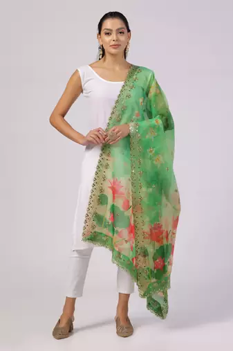 Elegant Green Colour Organza Dupatta With Girlie Floral Prints And Sequins Work