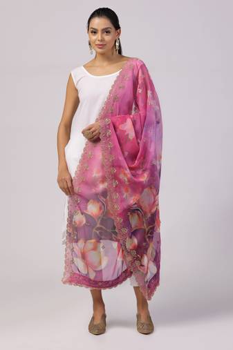 Elegant Pink Colour Organza Dupatta With Girlie Floral Prints And Sequins Work