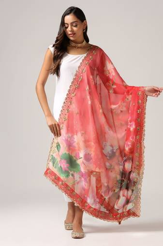 Elegant Red Colour Organza Dupatta With Girlie Floral Prints And Sequins Work