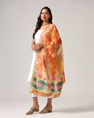 Elegant Yellow Colour Organza Dupatta With Girlie Floral Prints And Sequins Work 1