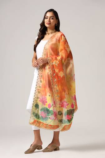 Elegant Yellow Colour Organza Dupatta With Girlie Floral Prints And Sequins Work