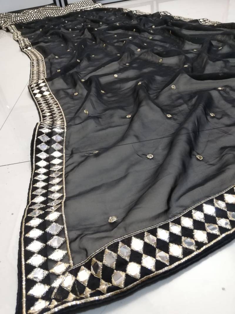 Black Zari Embroidered with Paper Mirror work Organza indian lehenga choli dress