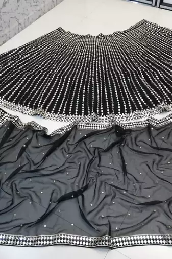 Black Zari Embroidered with Paper Mirror work Organza indian lehenga choli dress