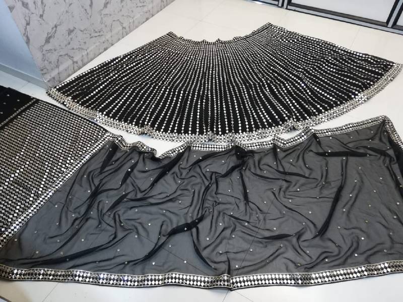 Black Zari Embroidered with Paper Mirror work Organza indian lehenga choli dress
