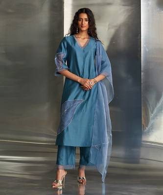 Steel blue chanderi kurta set 1