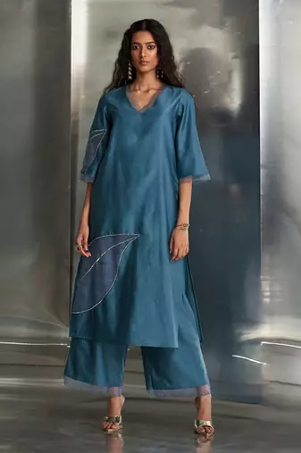 Steel blue chanderi kurta set