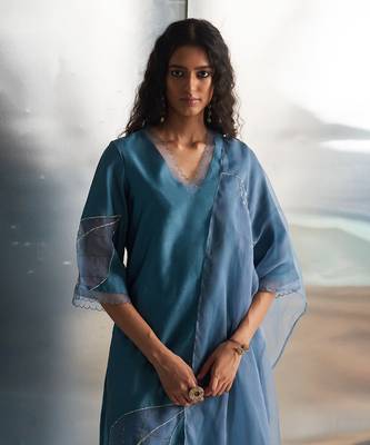 Steel blue chanderi kurta set 3