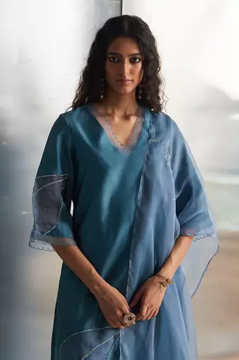 Steel blue chanderi kurta set