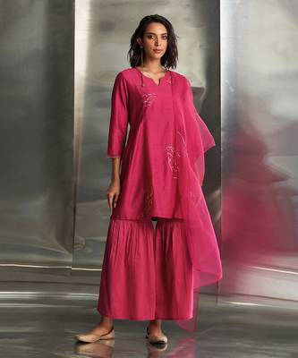 Pop pink chanderi kurta sharara set 1