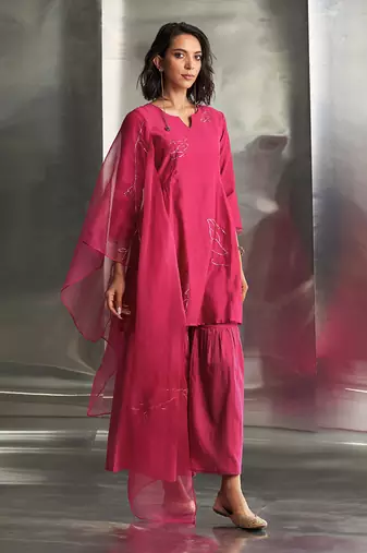 Pop pink chanderi kurta sharara set
