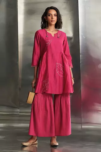 Pop pink chanderi kurta sharara set