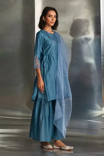 Steel blue chanderi kurta sharara set