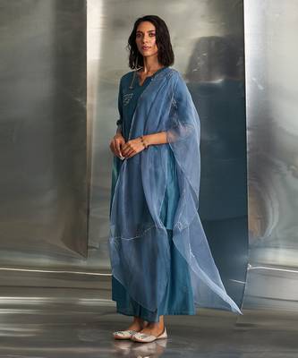 Steel blue chanderi kurta sharara set 3