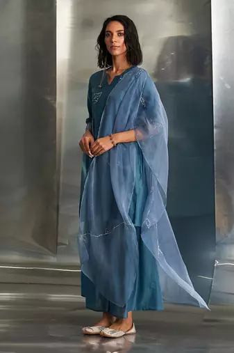 Steel blue chanderi kurta sharara set