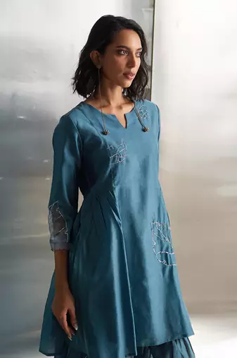 Steel blue chanderi kurta sharara set